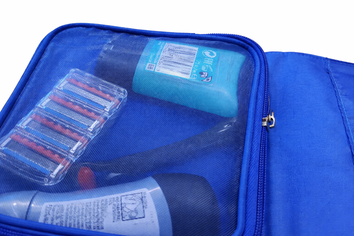Тканевая сумка-косметичка Travel Case на 3 отделения, на липучке, синяя с металлическим крючком - изображение 4