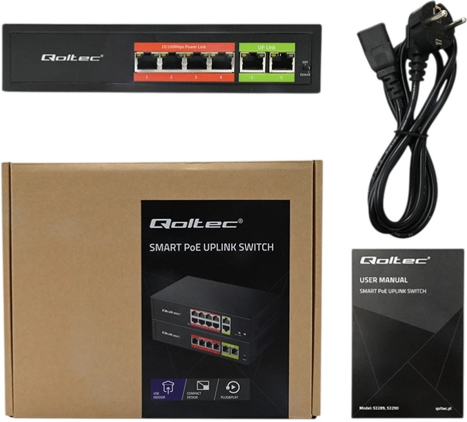 Комутатор Qoltec SWITCH Fast Ethernet PoE 4 x RJ45 PoE / 2 x RJ45 Uplink 65W 100 Mbps (5901878522890) - зображення 7
