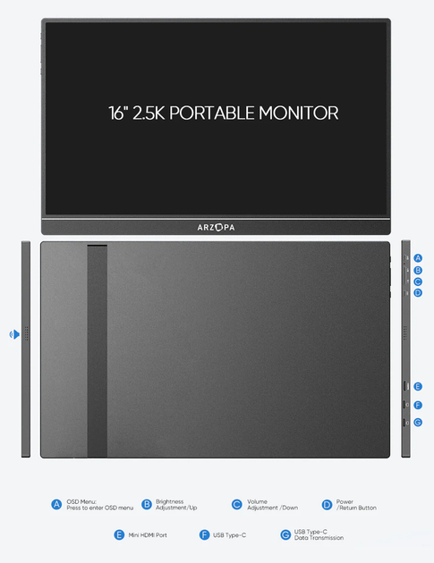 Портативный монитор ARZOPA Z1RC 16" 2.5K 123% sRGB IPS USB-C - изображение 8