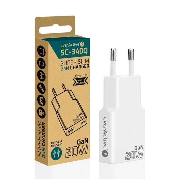 Зарядное устройство everActive GaN SC-340Q White Super Slim, 1xUSB+1xUSB-С QC3.0+PD 20W, AC220V - Фото 5 Зарядное устройство everActive GaN SC-340Q White Super Slim, 1xUSB+1xUSB-С QC3.0+PD 20W, AC220V - изображение 5