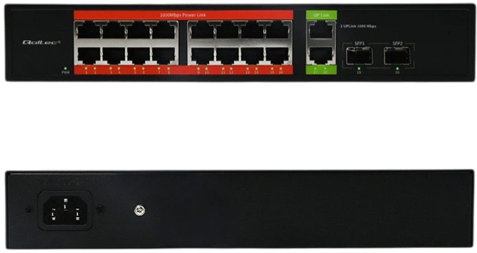 Przelacznik sieciowy Qoltec SWITCH Gigabit Ethernet PoE 16 x RJ45 PoE / 2 x RJ45 Uplink / 2 x SFP 250W 1000 Mbps (5901878522920) - obraz 3