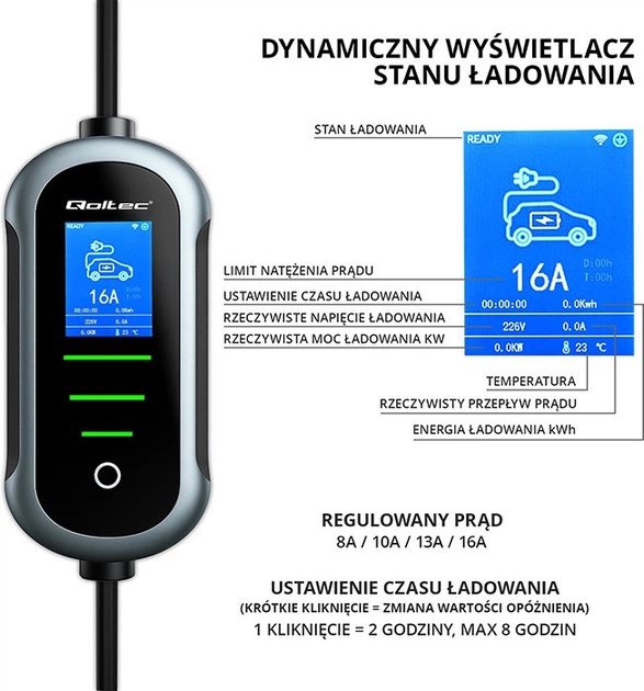 Мобільний зарядний пристрій для електромобіля Qoltec EV з регулюванням 2 в 1 Type 2 3.5 кВт 5 м (5901878524351) - зображення 12