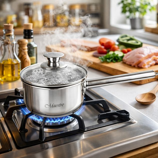 Ковш Maestro MR-3510-14S с крышкой 1 л нержавеющая сталь индукционный - изображение 2