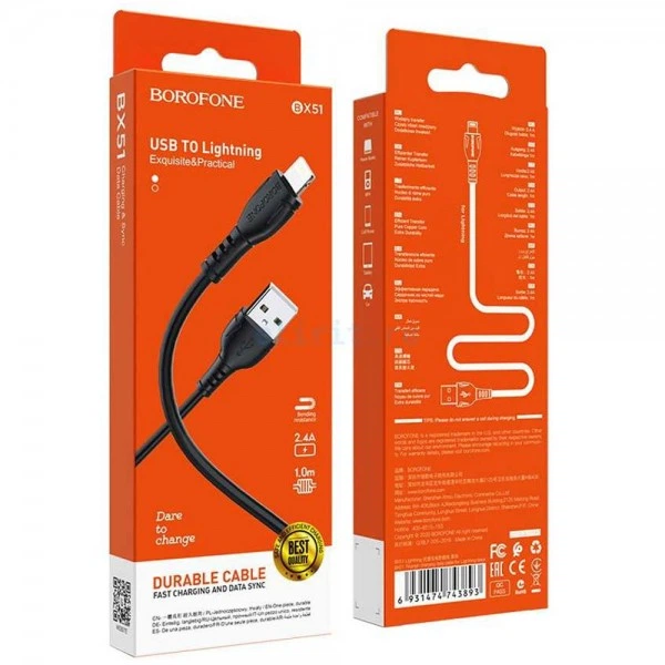 Кабель BOROFONE BX51 USB to iP 2.4A,1m, PVC, PVC connectors, Black (6931474743893) (20500) - Фото 2 Кабель BOROFONE BX51 USB to iP 2.4A,1m, PVC, PVC connectors, Black (6931474743893) (20500) - изображение 2