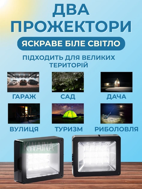 Солнечная панель с 2 LED прожекторами, автономная станция освещения с Power Bank USB IP64, портативная солнечная система - изображение 2