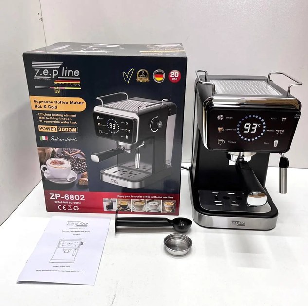 Кавомашина для дому Zepline ZP-6802 20 бар 3000 Вт, ріжкова кавоварка еспресо для меленої кави, резервуар для води 2 л - зображення 2