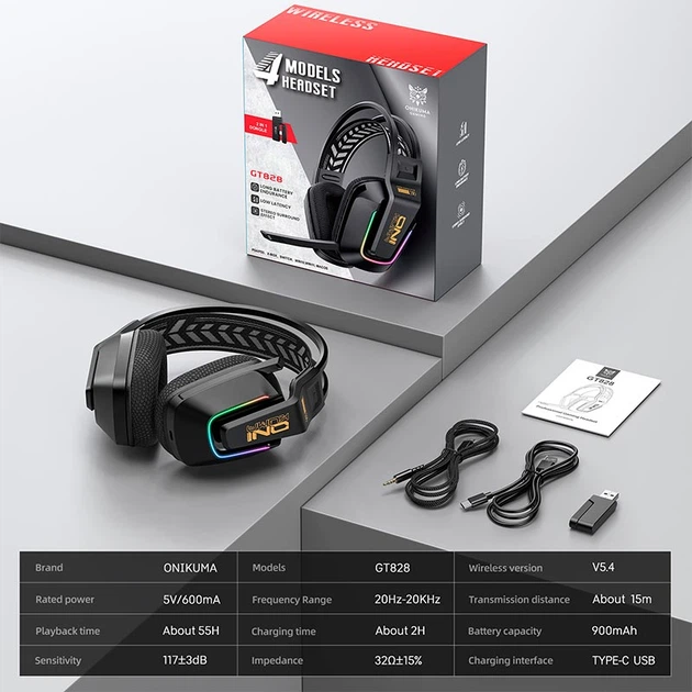 Навушники Onikuma Tri Mode gaming headphones GT828 |BT5.4/2.4G/Type-C, 15/55H, RGB| Black - изображение 4