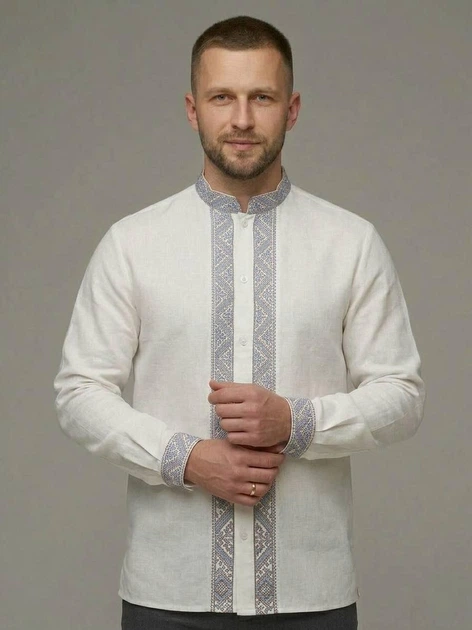 Вишиванка чоловіча MOTYV Тадей на ґудзиках Біла з бежевою вишивкою льон/бавовна | Розмір M - Фото 1 Вишиванка чоловіча MOTYV Тадей на ґудзиках Біла з бежевою вишивкою льон/бавовна | Розмір M - изображение 1