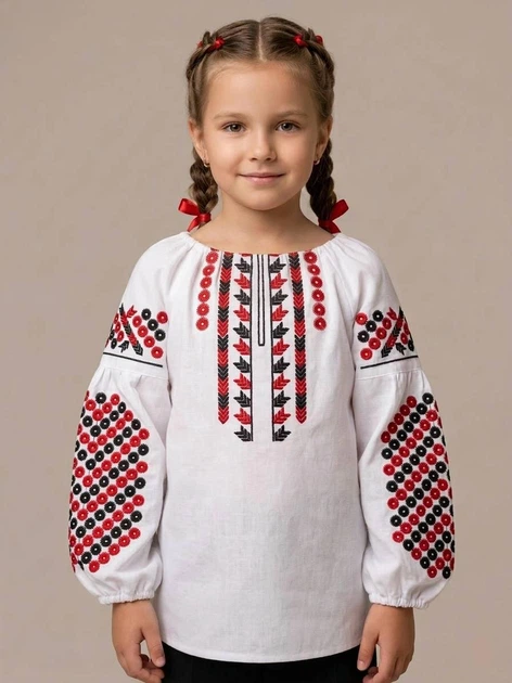 Вишиванка для дівчинки Piccolo Пацьорки Біла з червоно-чорною вишивкою гладдю 100% бавовна | Розмір 146 - Фото 1 Вишиванка для дівчинки Piccolo Пацьорки Біла з червоно-чорною вишивкою гладдю 100% бавовна | Розмір 146 - зображення 1