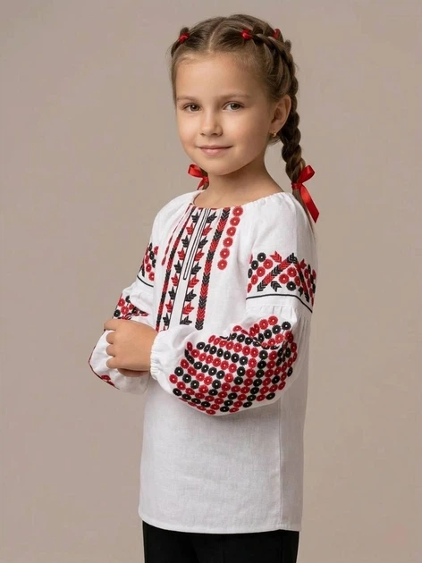 Вишиванка для дівчинки Piccolo Пацьорки Біла з червоно-чорною вишивкою гладдю 100% бавовна | Розмір 146 - Фото 2 Вишиванка для дівчинки Piccolo Пацьорки Біла з червоно-чорною вишивкою гладдю 100% бавовна | Розмір 146 - зображення 2