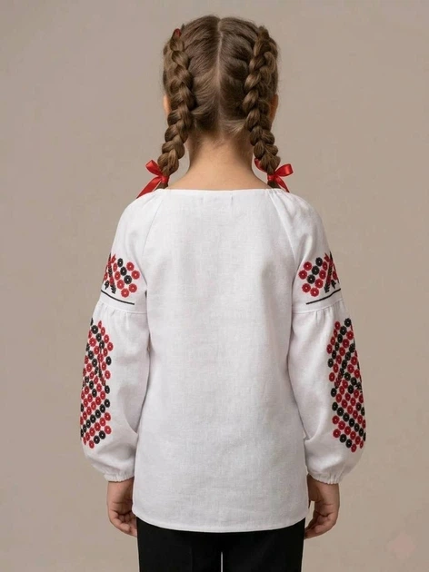 Вишиванка для дівчинки Piccolo Пацьорки Біла з червоно-чорною вишивкою гладдю 100% бавовна | Розмір 146 - Фото 3 Вишиванка для дівчинки Piccolo Пацьорки Біла з червоно-чорною вишивкою гладдю 100% бавовна | Розмір 146 - зображення 3