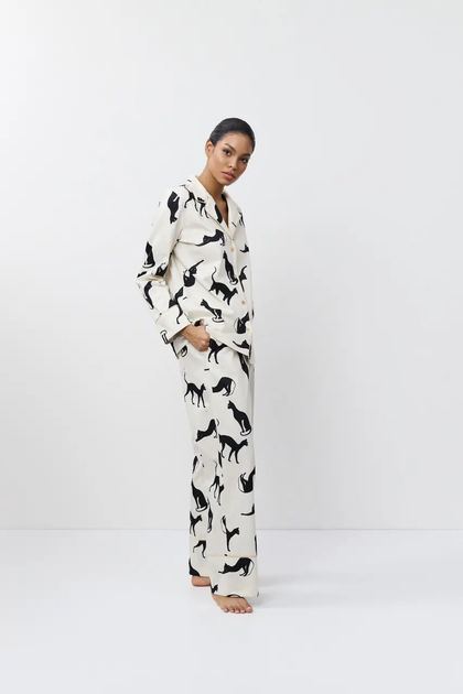 Пижама женская хлопковая Aruelle Nyra Pajama Long с длинными брюками и рубашкой на пуговицах домашний костюм с принтом котиков XL - изображение 4