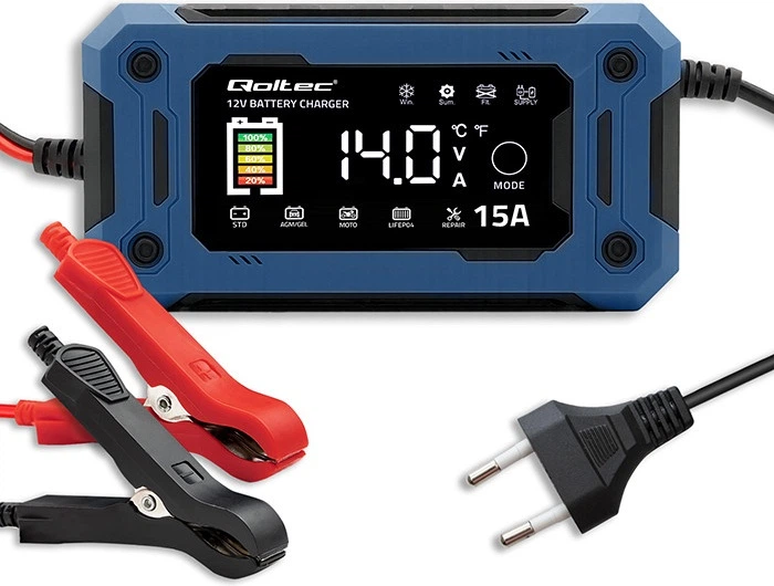 Inteligentna mikroprocesorowa ładowarka Qoltec do akumulatora AGM/GEL/LiFePO4 LCD 12 V 15 A (5901878524962) - Zdjęcie 2 Inteligentna mikroprocesorowa ładowarka Qoltec do akumulatora AGM/GEL/LiFePO4 LCD 12 V 15 A (5901878524962) - obraz 2
