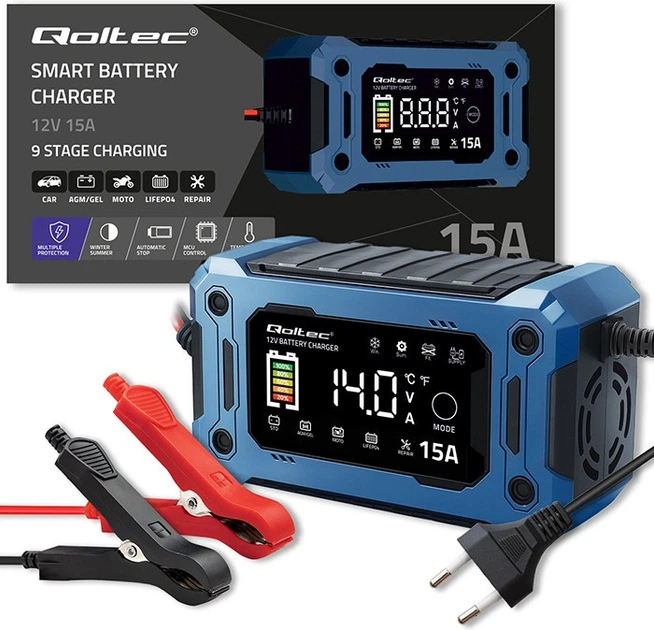 Inteligentna mikroprocesorowa ładowarka Qoltec do akumulatora AGM/GEL/LiFePO4 LCD 12 V 15 A (5901878524962) - Zdjęcie 12 Inteligentna mikroprocesorowa ładowarka Qoltec do akumulatora AGM/GEL/LiFePO4 LCD 12 V 15 A (5901878524962) - obraz 12