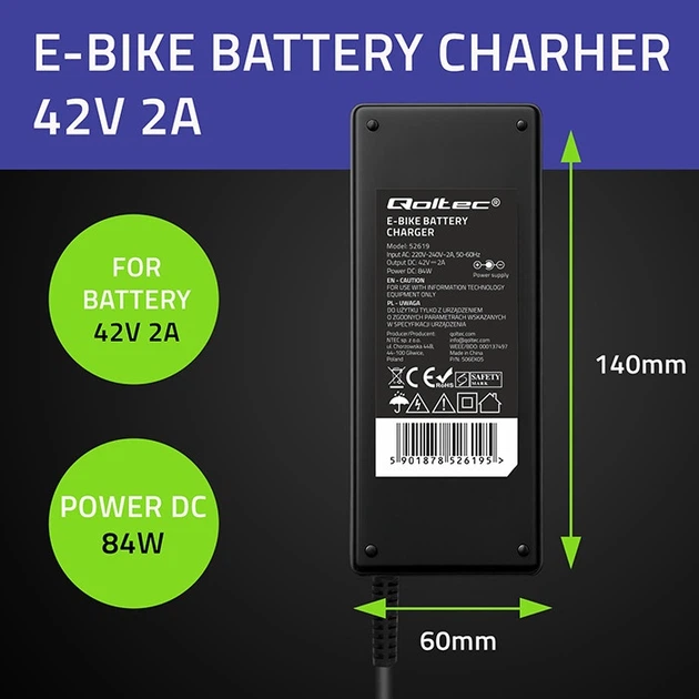 Ładowarka do roweru elektrycznego Qoltec 36 V 42 V 2 A GX12-3 Pin (5901878526195) - obraz 7