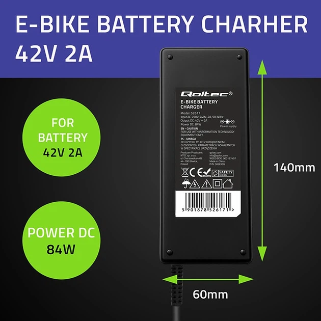 Ładowarka do roweru elektrycznego Qoltec 36 V 42 V 2 A C14-IEC-3 Pin (5901878526171) - obraz 7