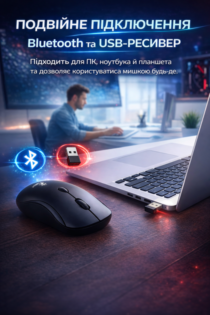 Беспроводная аккумуляторная мышь двухрежимная Bluetooth + 2.4GHz, оптическая, DPI до 2000, USB-ресивер, черная - Фото 3 Беспроводная аккумуляторная мышь двухрежимная Bluetooth + 2.4GHz, оптическая, DPI до 2000, USB-ресивер, черная - изображение 3