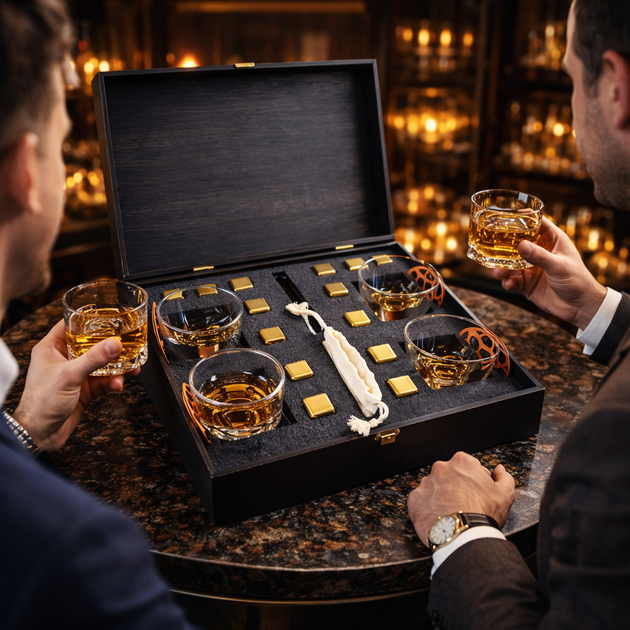 Подарунковий набір для віскі Moltis Premium — 4 склянки, металеві кубики для охолодження, дерев’яна коробка - Фото 4 Подарунковий набір для віскі Moltis Premium — 4 склянки, металеві кубики для охолодження, дерев’яна коробка - зображення 4