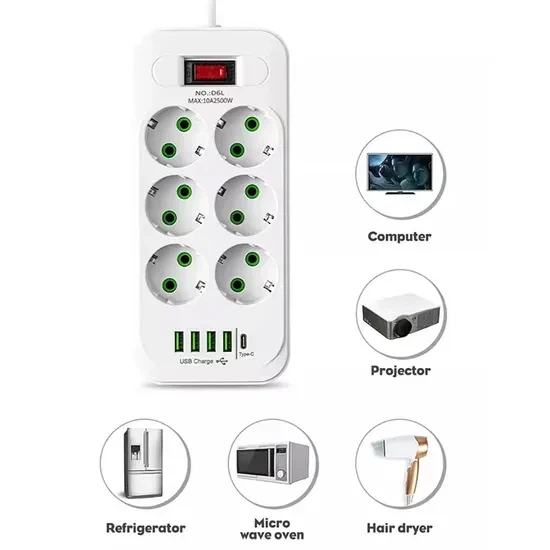 Мережевий подовжувач/фільтр/розгалужувач 3 м (D6) 6 розеток EU/4xUSB/1-PD (Type-C) (22) - зображення 3