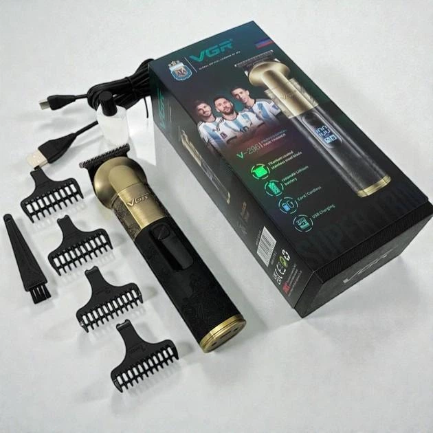 Тример VGR V акумуляторний 4 насадки LED дисплей 5 Вт USB зарядка 1200 mAh для бороди, голови, тіла золотий (69Z) - изображение 12