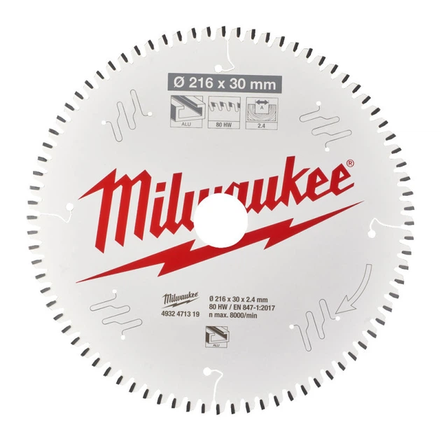 Диск пильный по алюминию Alu PFTE MILWAUKEE, диаметр 216х30х2,4мм, 80 зуб. - изображение 2