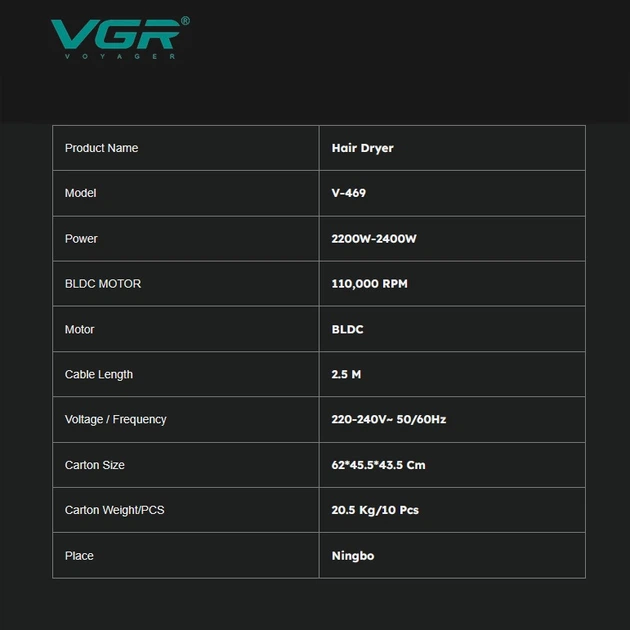 Фен профессиональный VGR V469 Черный 2400 Вт 2 насадки для сушки и укладки волос - изображение 3
