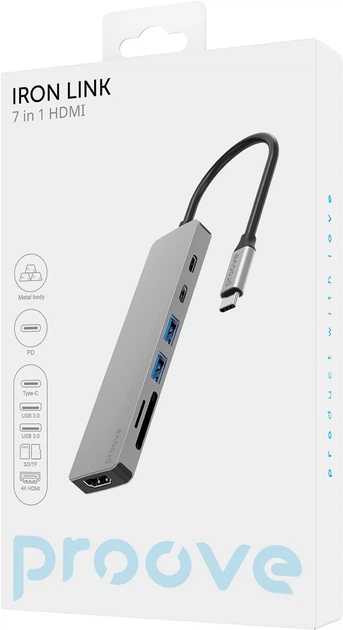 Type-C-Хаб Proove Iron Link 7 in 1 (2xType-C + 2xUSB3.0 + HDMI + SD/TF) Silver (577300012) - изображение 7