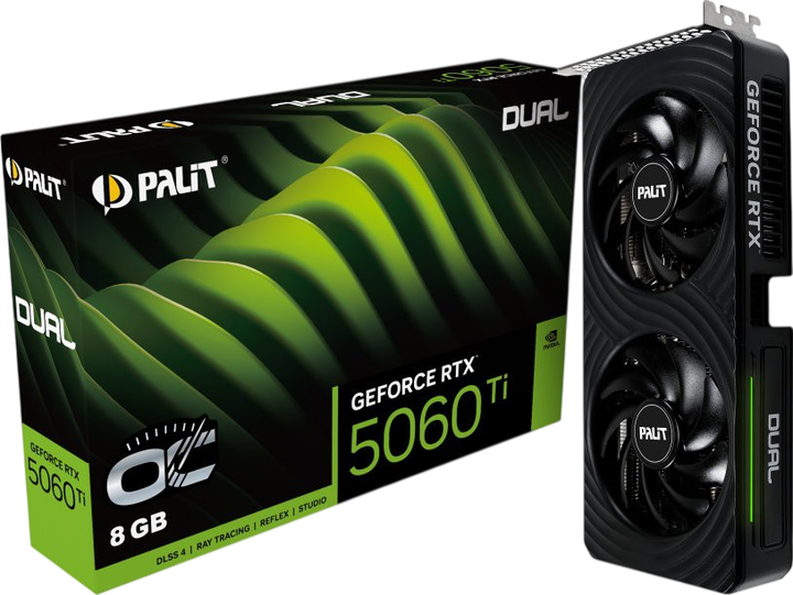 Видеокарта GeForce RTX 5060 Ti 8GB Palit Dual OC (NE7506TT19P1-GB2062D) - Фото 1 Видеокарта GeForce RTX 5060 Ti 8GB Palit Dual OC (NE7506TT19P1-GB2062D) - изображение 1