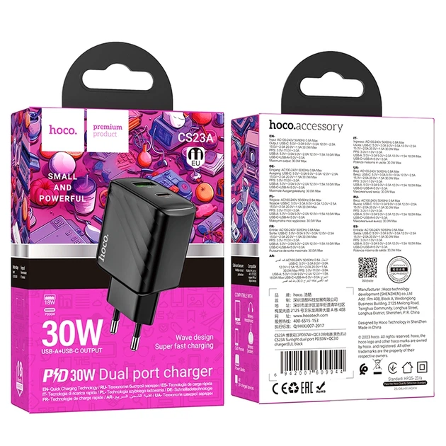 Мережевий Зарядний Пристрій Hoco CS23A 1USB/1USB-C PD/QC 30W Чорний - Фото 2 Мережевий Зарядний Пристрій Hoco CS23A 1USB/1USB-C PD/QC 30W Чорний - изображение 2