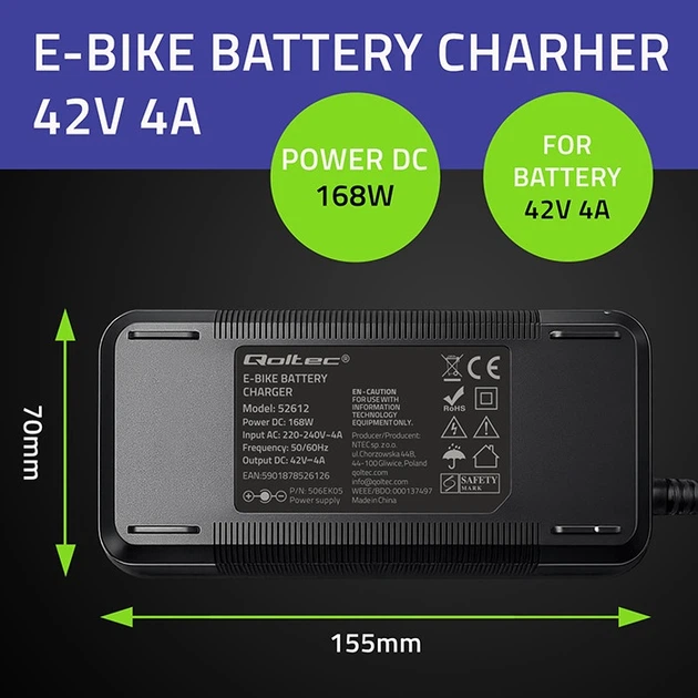 Швидка зарядка для електровелосипедів та самокатів Qoltec 36 В 42 В 4 A 5.5 x 2.1 (5901878526126) - зображення 7