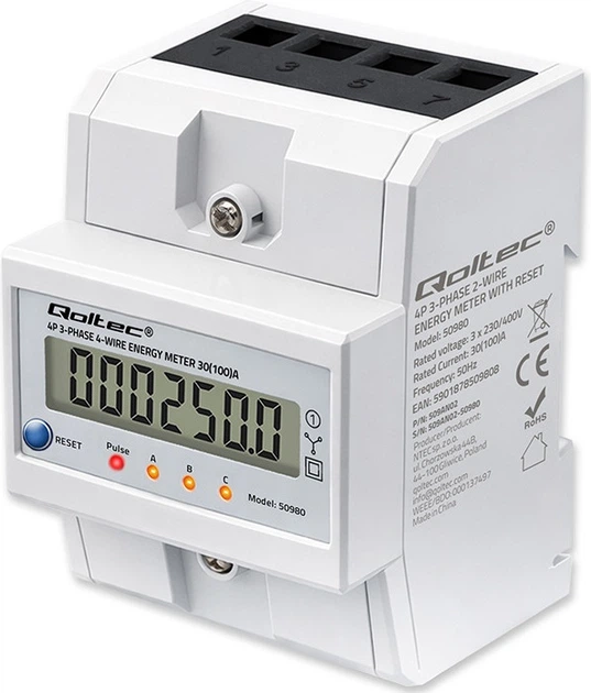 Лічильник електроенергії Qoltec трифазний зі скиданням 400 В 100 А LED для DIN-рейки (5901878509808) - зображення 2