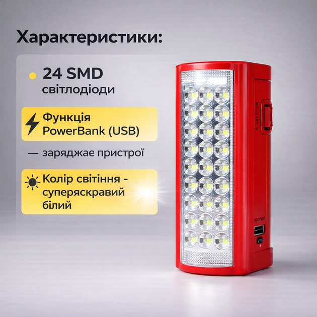 Ліхтар переносний акумуляторний LED Almina DL-2424 24 LED з функцією Power Bank 3000 mAh, аварійний світлодіодний ліхтар на 24 діоди, 2 режими світла до 80 год роботи, USB-порт для заряджання смартфона, ліхтар для дому, кемпінгу, рибалки та блекауту - Фото 2 Ліхтар переносний акумуляторний LED Almina DL-2424 24 LED з функцією Power Bank 3000 mAh, аварійний світлодіодний ліхтар на 24 діоди, 2 режими світла до 80 год роботи, USB-порт для заряджання смартфона, ліхтар для дому, кемпінгу, рибалки та блекауту - зображення 2