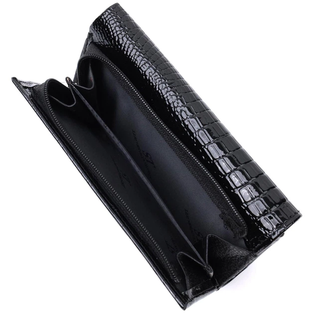 Жіночий гаманець у три складання з лакованої натуральної шкіри ST Leather 22707 Чорний - зображення 7
