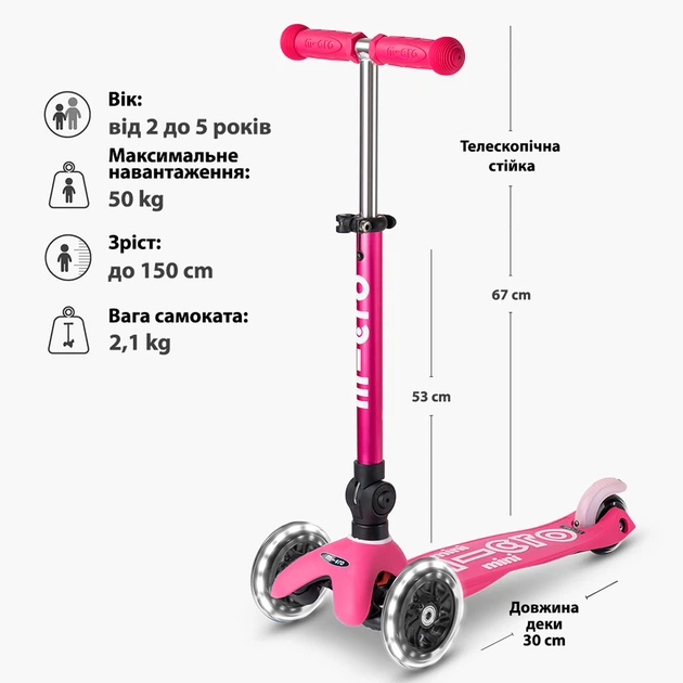 Складной самокат Розовая заря серия «Mini Deluxe Foldable LED» (3-х колесный, до 50 кг) - изображение 7