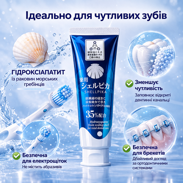 Зубная паста 35% гидроксиапатита из гребешков Хоккайдо для восстановления эмали, без фтора, 80 г Ci Medical Shell Pika Pika (4560347091346) - изображение 4
