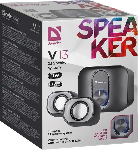 Комп'ютерні стовпчики Defender V13 USB Black/Grey — акустика 2.1 з сабвуфером, потужність 11 Вт (2×3 Вт + 5 Вт), AUX 3.5 мм, USB живлення, LED-підсвічування, мультимедійна система для ПК - зображення 4
