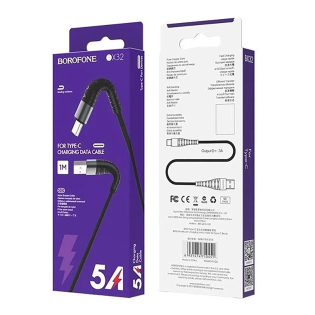 Кабель BOROFONE BX32 USB to Type-C 2.4A, 1m, nylon, aluminum+TPE connectors, Black - изображение 2
