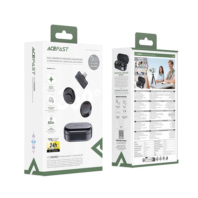 Мікрофон ACEFAST wireless lavalier microphone R3 |8/24h, AI Noice reduction, 80m, USB-C| Black - зображення 9