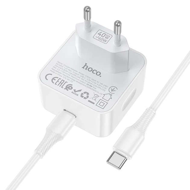 Адаптер сетевой HOCO C to C cable Speed single port PD charger set C161A |1Type-C, 40W/3A, PD/QC| - изображение 5