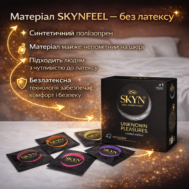 Презервативы SKYN безлатексные Unknown Pleasures 42 шт полиизопреновые гипоаллергенные набор микс текстур Intense Feel Elite Warming и ароматизированные skyns - Фото 4 Презервативы SKYN безлатексные Unknown Pleasures 42 шт полиизопреновые гипоаллергенные набор микс текстур Intense Feel Elite Warming и ароматизированные skyns - изображение 4