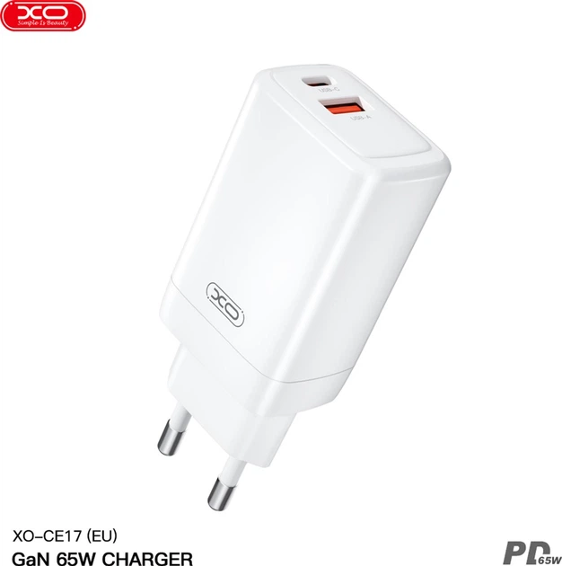 Мережевий зарядний пристрій XO CE17 65W GaN Fast Charger (1USB-C 65W/1USB-A 22.5W) White (XO-CE17) - зображення 2
