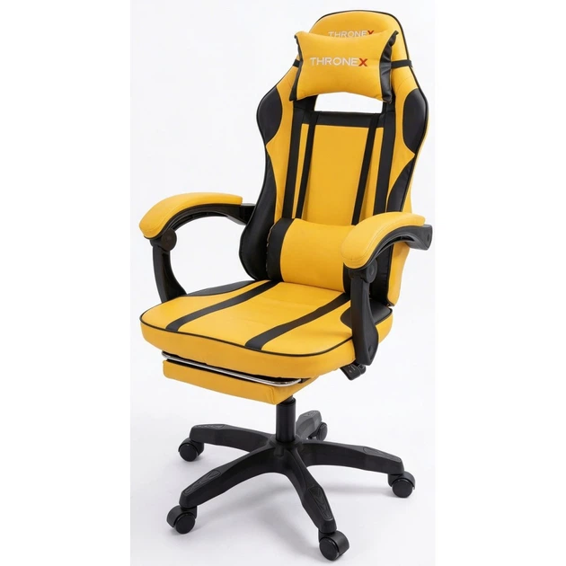 Геймерське крісло ThroneX PVC 001 з масажною подушкою, підніжкою, до 130 кг, жовте з чорним - Фото 3 Геймерське крісло ThroneX PVC 001 з масажною подушкою, підніжкою, до 130 кг, жовте з чорним - зображення 3