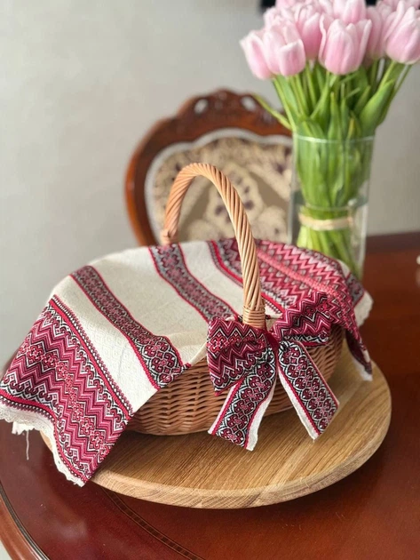 Корзинка для кулича плетеная 35×29 см / пасхальная корзиночка с вышитым полотенцем та бантиком на ручке / корзина для освящения яиц пасхи украинское производство - изображение 3