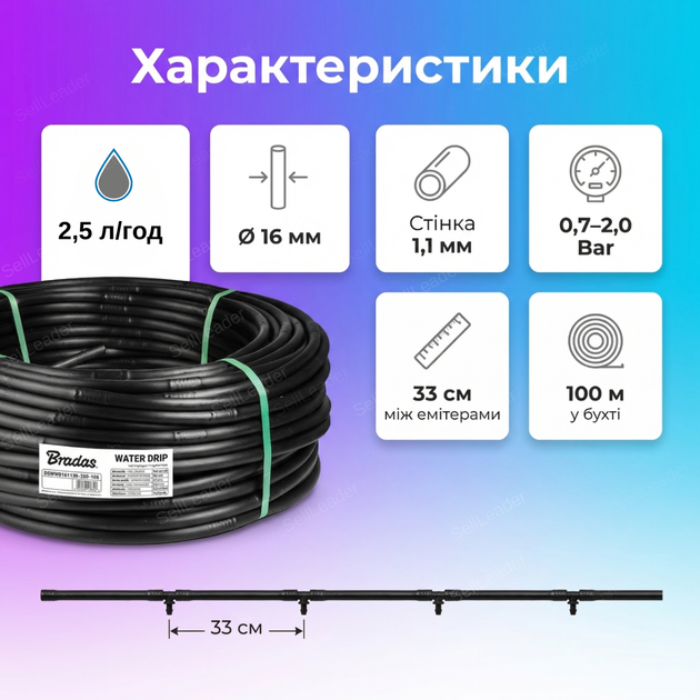Трубка Ø 16мм 100м для капельного полива теплиц грядок газона расстояние между эмитерами 33см расход 2,5 л/ч - изображение 3