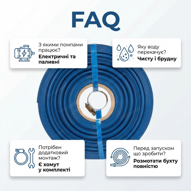 Шланг плоский 20м 1 1/2" (38 мм) 1бар для полива сада газона мотопомпы з хомутом напорный ПВХ синий - Фото 4 Шланг плоский 20м 1 1/2" (38 мм) 1бар для полива сада газона мотопомпы з хомутом напорный ПВХ синий - изображение 4