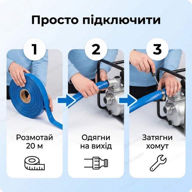Шланг плоский 20м 1 1/2" (38 мм) 1бар для полива сада газона мотопомпы з хомутом напорный ПВХ синий - Фото 8 Шланг плоский 20м 1 1/2" (38 мм) 1бар для полива сада газона мотопомпы з хомутом напорный ПВХ синий - изображение 8