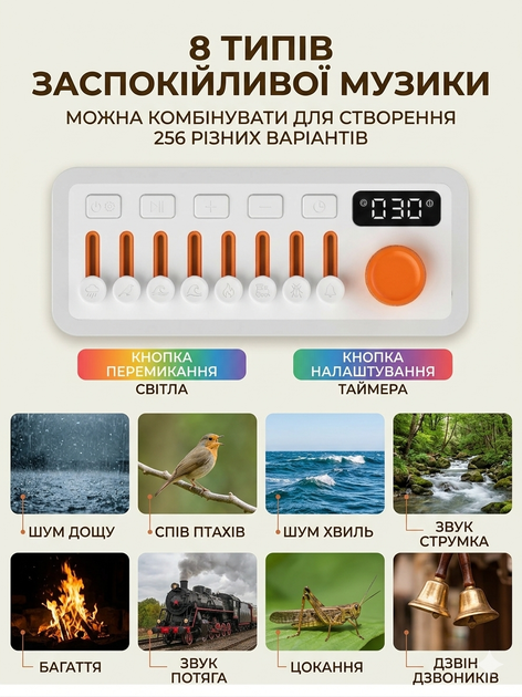 Генератор белого шума звуков природы 3в1 Ночник, колонка с подсветкой. Для сна, малышей, медитации, спорта с Автоотключением Белый - изображение 3