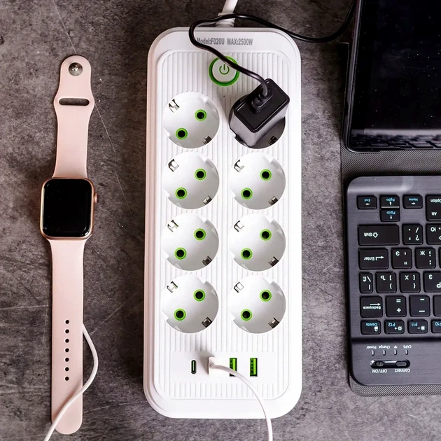 Мережевий фільтр подовжувач 8 розеток 4.7 м 3 USB 1 Type-C 2500 Вт чорний F20U - зображення 2