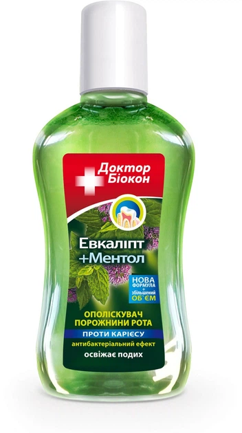 Ополіскувач порожнини рота Біокон проти карієсу Доктор Біокон евкаліпт і м'ята 300 мл - Фото 1 Ополіскувач порожнини рота Біокон проти карієсу Доктор Біокон евкаліпт і м'ята 300 мл - изображение 1
