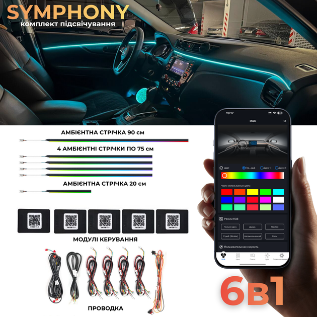 Динамическая 6в1 Контурная Ambient подсветка салона авто Symphony - Фото 1 Динамическая 6в1 Контурная Ambient подсветка салона авто Symphony - изображение 1